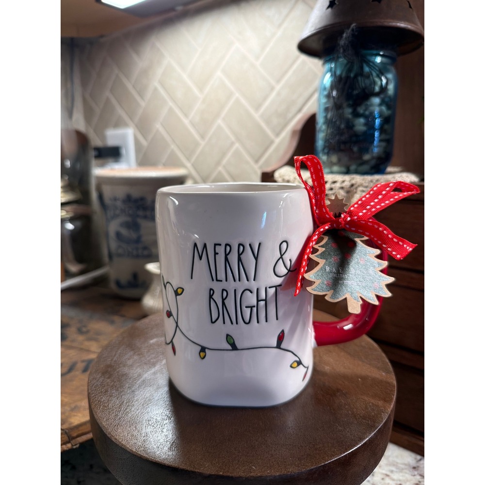 Rae Dunn MERRY & BRIGHT Christmas Lights Mug Red Handle Holiday